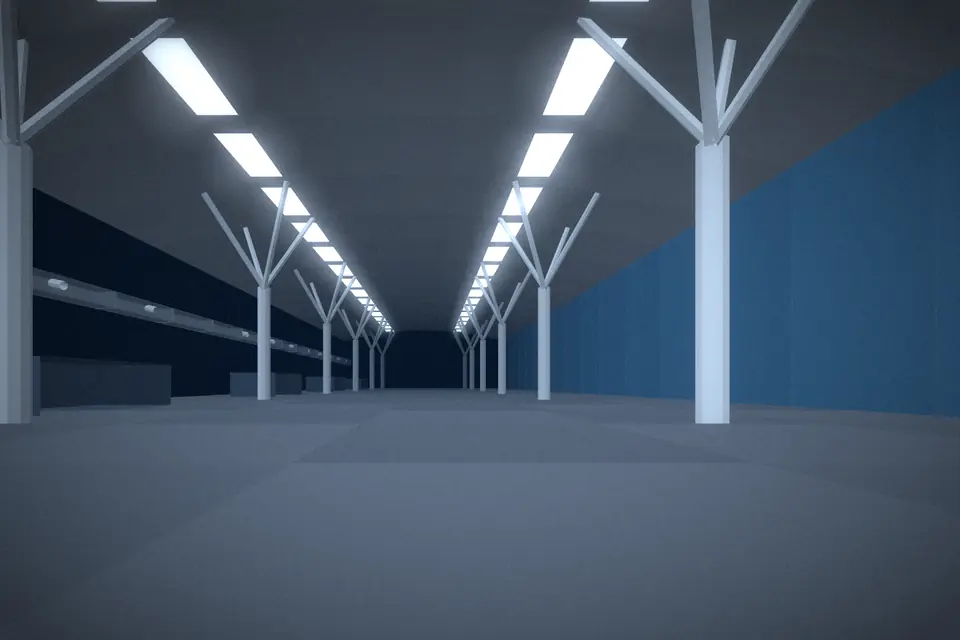 Visualisierung einer Terminalhalle mit Dachtragwerk, Baumstützen und Weitwurfdüsen