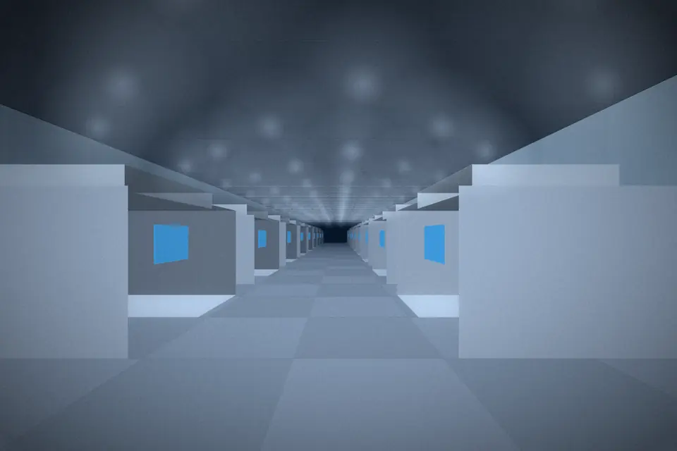 Visualisierung eines Reinraumkorridors mit Filterdecke und Produktionsanlagen